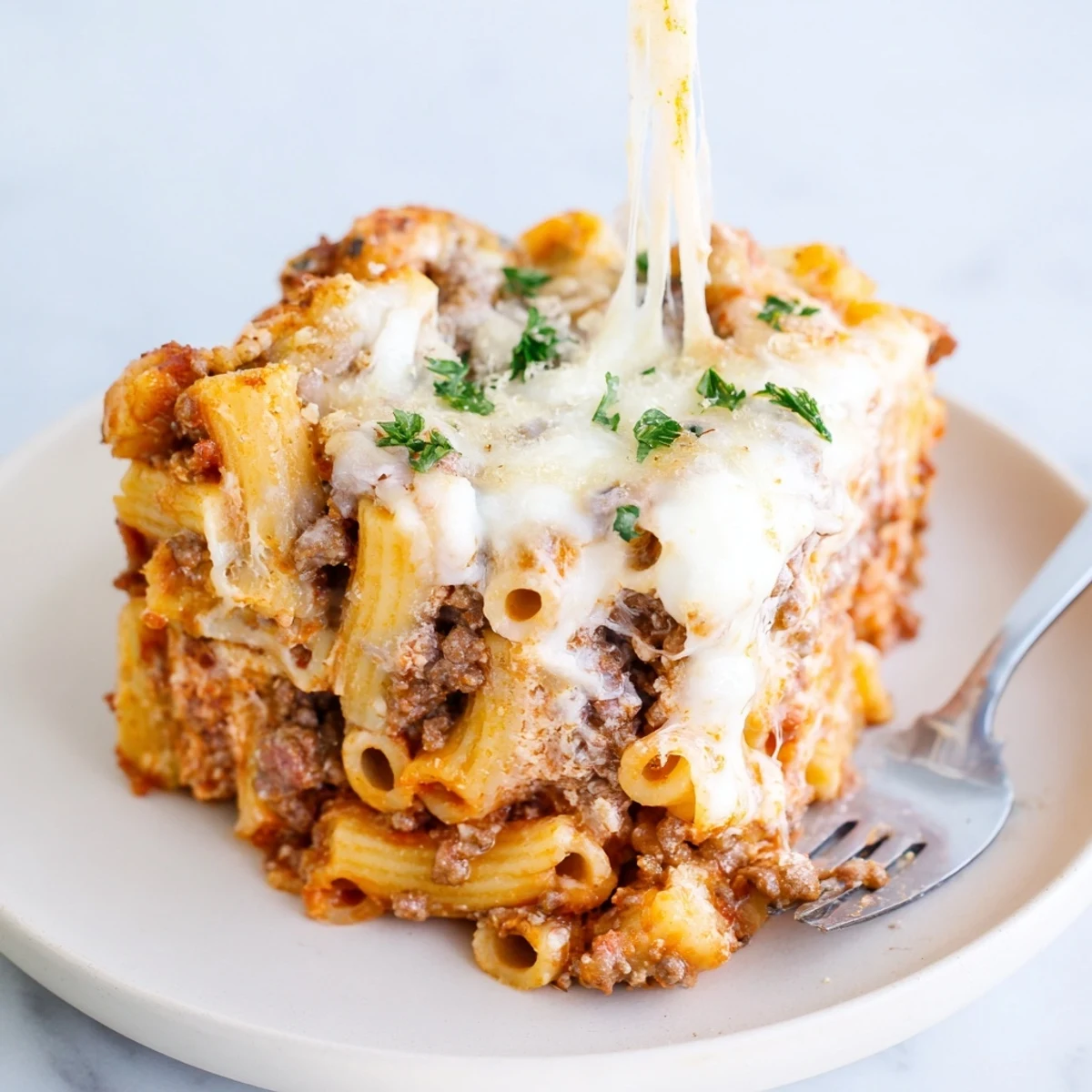 Hearty baked ziti garnished with herbs, showcasing layers of meat sauce and cheese.