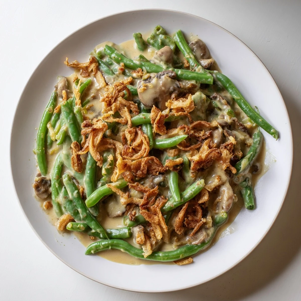 Homemade Old-School Green Bean Casserole with creamy sauce and golden, crispy onion topping, perfect for any gathering.