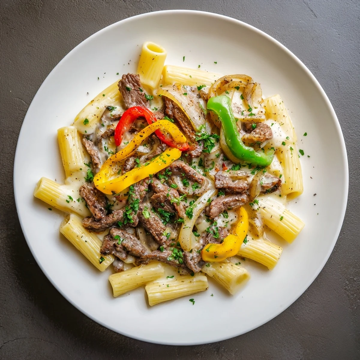 Golden, cheesy Philly Cheese Steak Pasta, with tender beef, peppers, and onions in a creamy sauce.