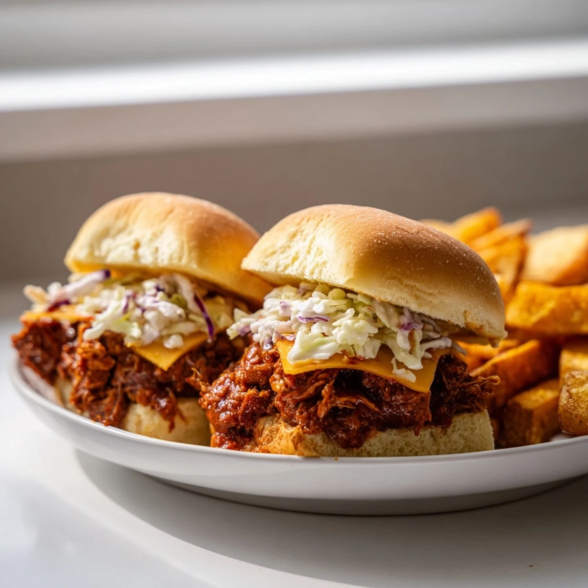 Warm slider buns overflowing with tender BBQ Chicken Sliders, cheese, and coleslaw with a side of fries.