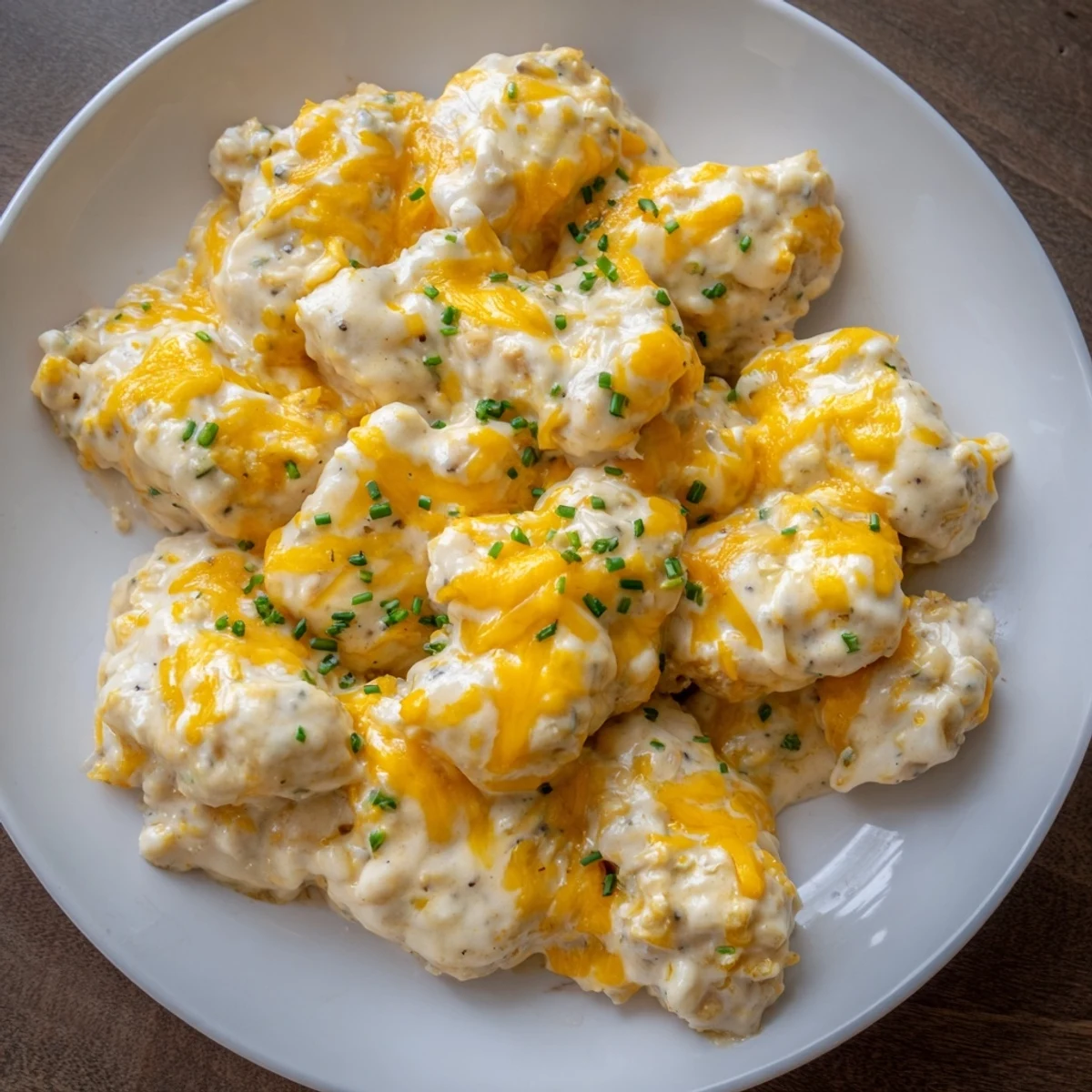Golden, bubbly cheddar cheese tops a baked Cheddar Ranch Chicken Bake ready to serve with sides.