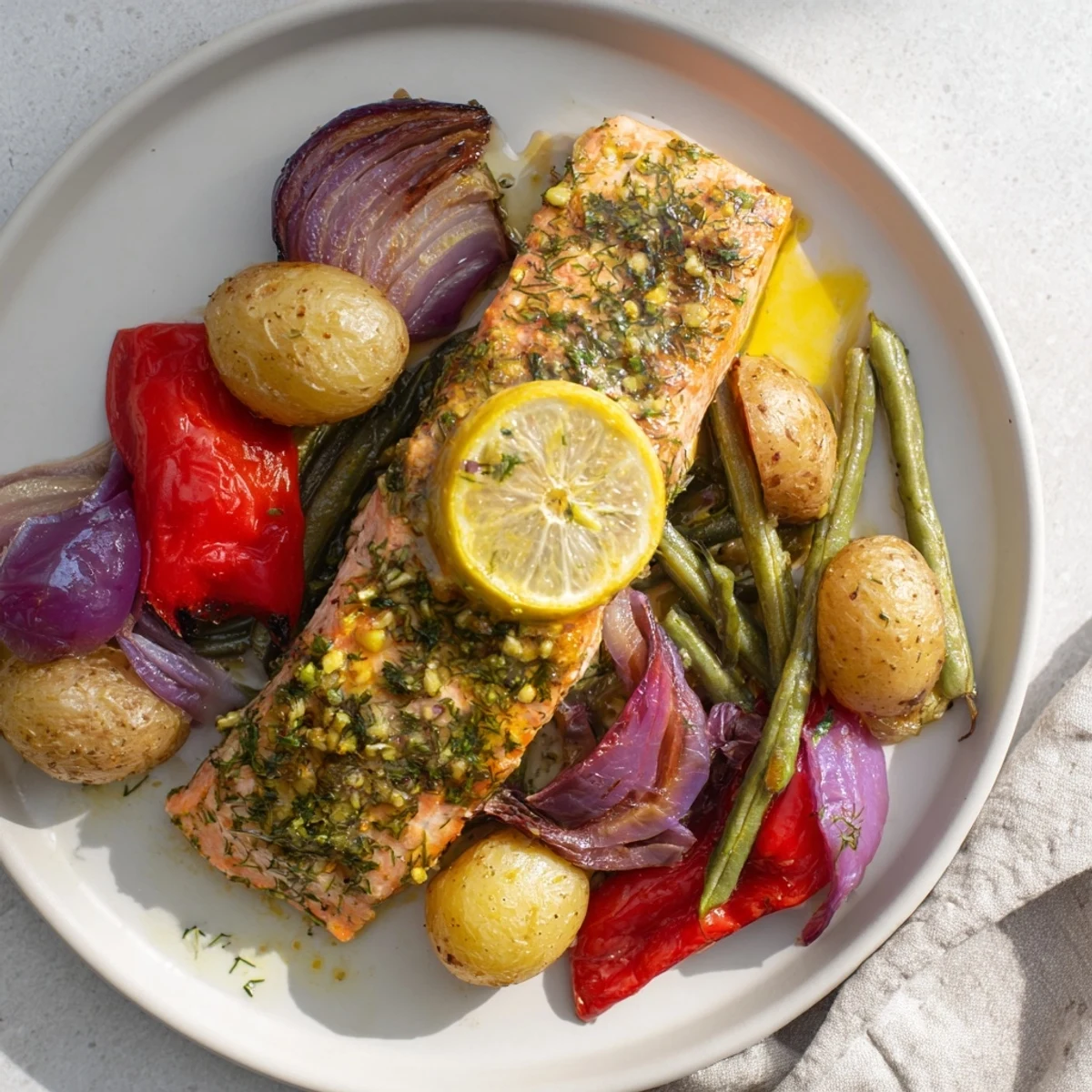 Golden-brown Lemon Herb Salmon & Potato Sheet Pan with flaky salmon and roasted vegetables.