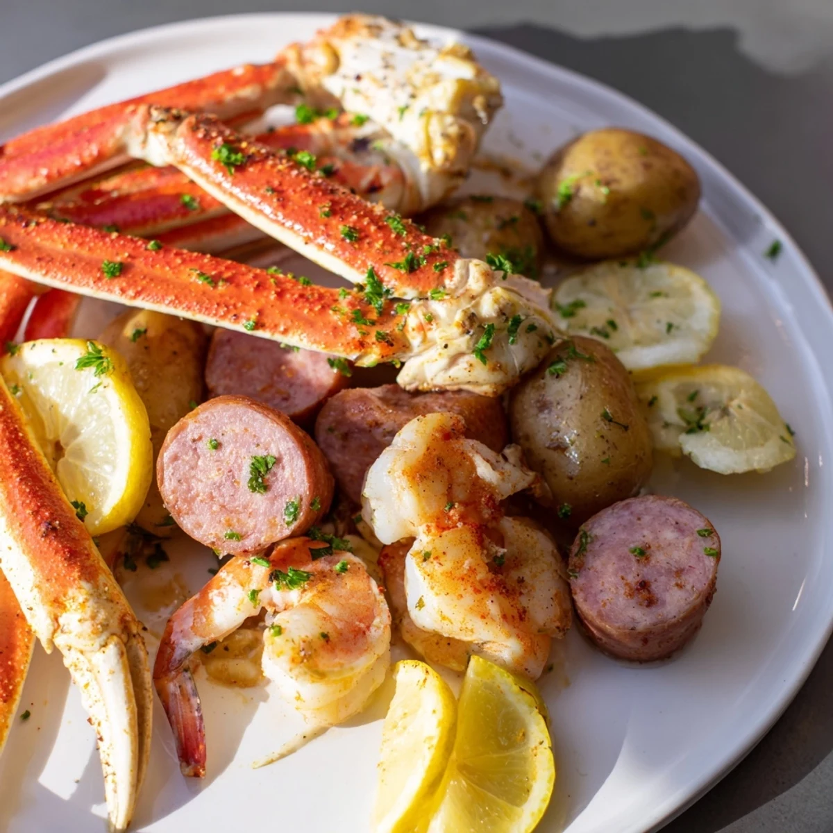 Steaming pot of Seafood Boil with crab, shrimp, and sausage, a Southern feast ready to serve.