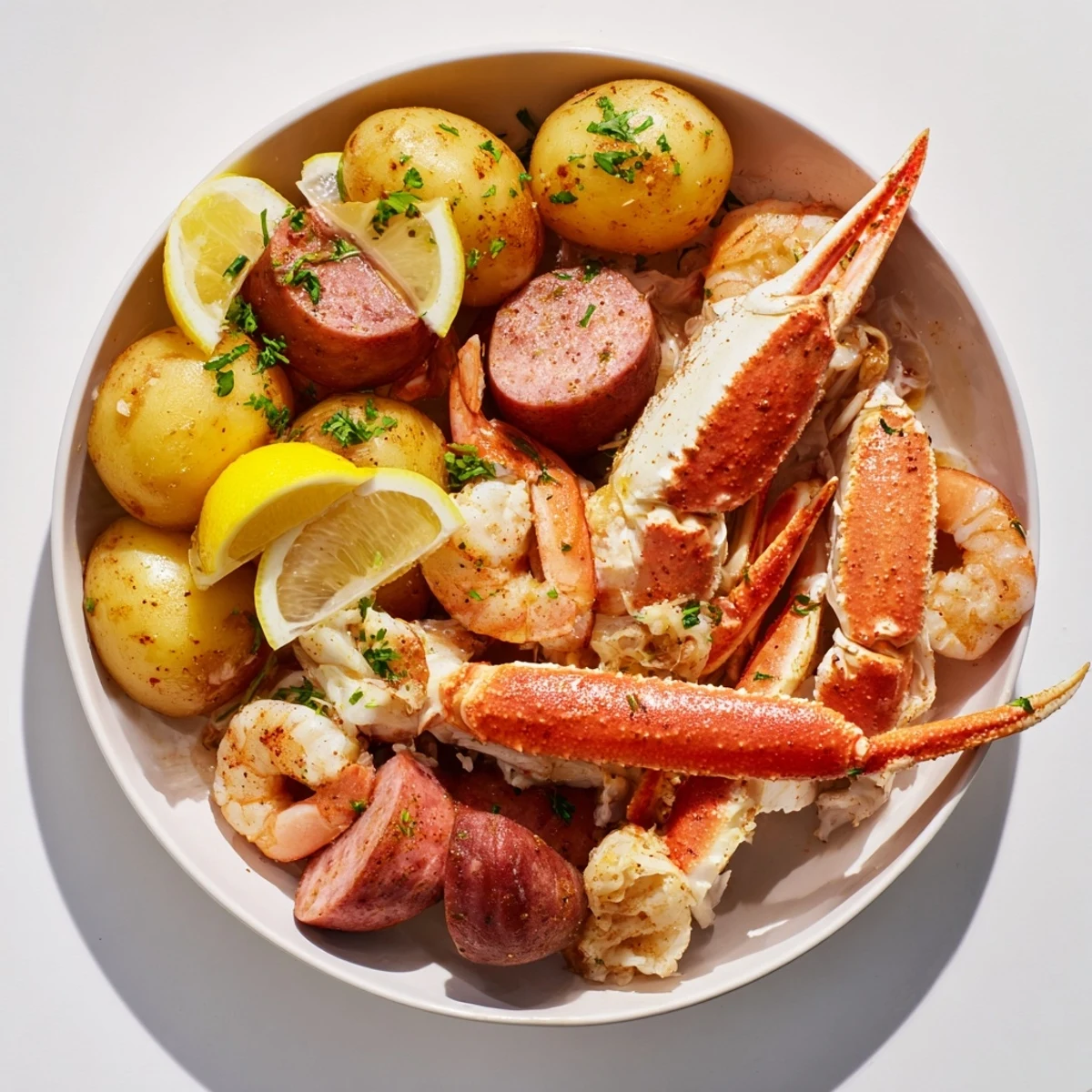 Aromatic Southern Seafood Boil with crab, plump shrimp, and spicy sausage laid out on a table.