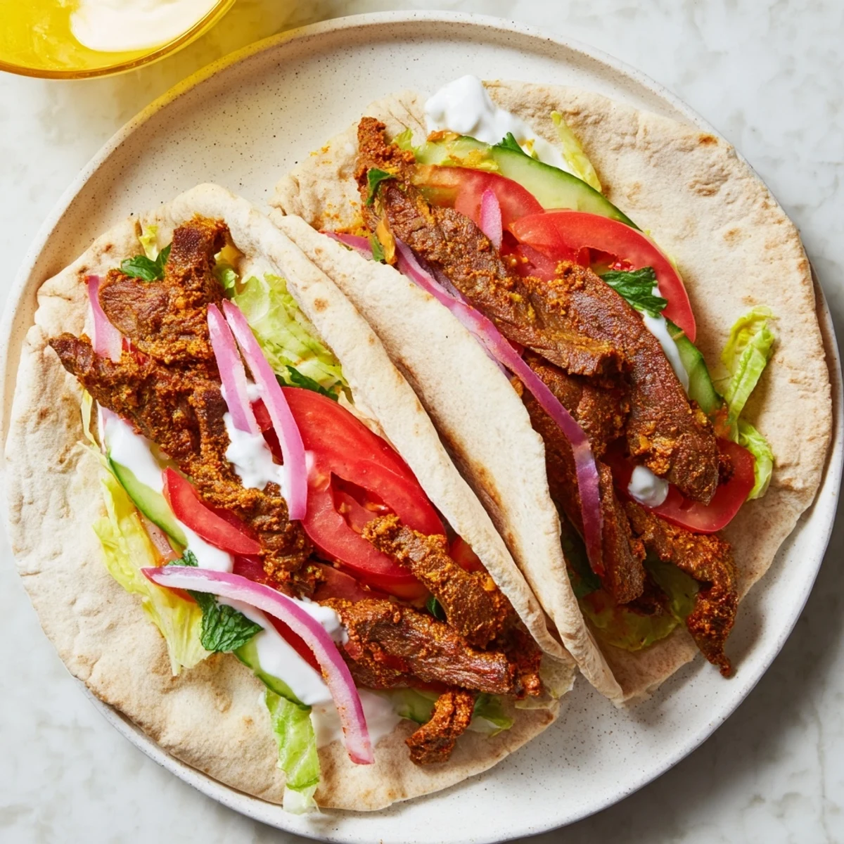 Close-up of savory Beef Shawarma Wraps, filled to the brim with spiced beef and creamy yogurt sauce.