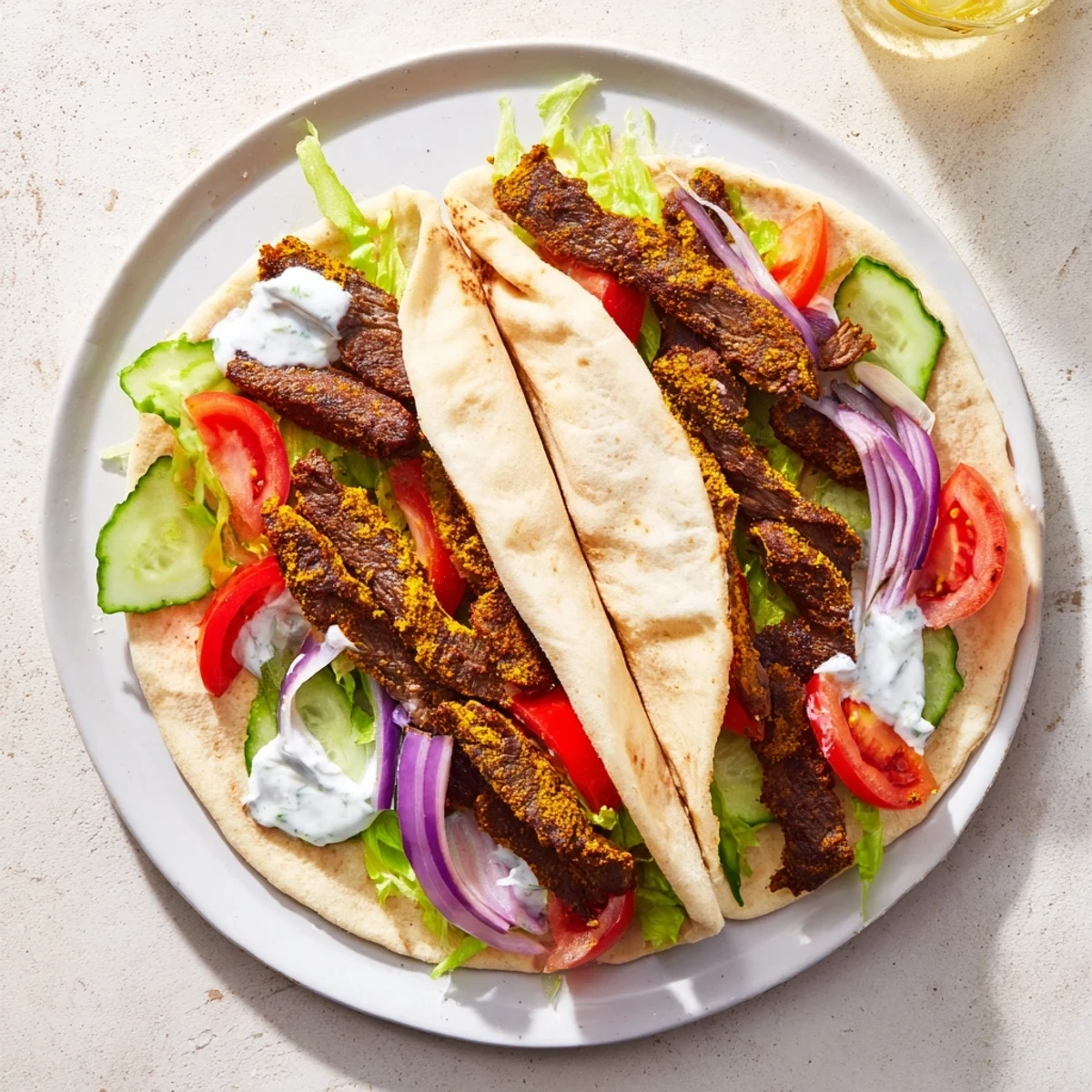 Delicious, richly-seasoned Beef Shawarma Wraps presented with fresh vegetables and creamy yogurt for a delightful meal.