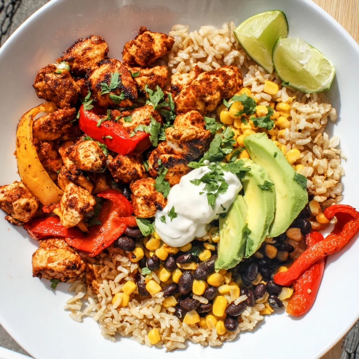 Sheet pan chicken burrito bowls, overflowing with colorful roasted vegetables and tender seasoned chicken.