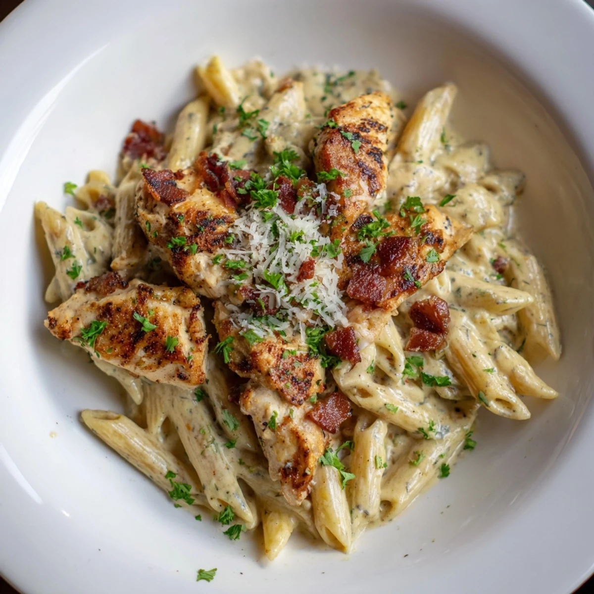 A close-up of creamy Ranch Chicken & Bacon Penne, with visible chicken and crispy bacon pieces.
