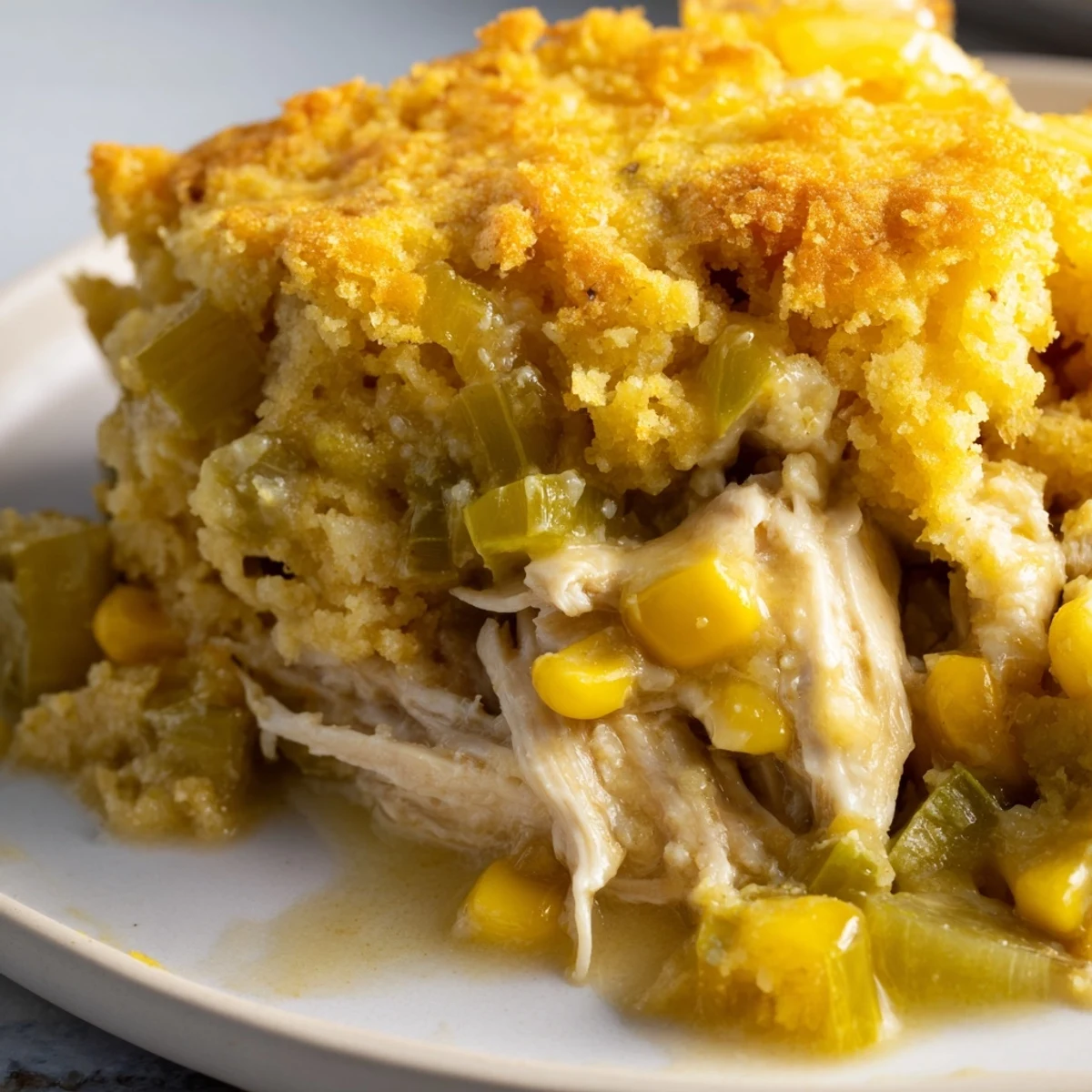 Golden, bubbly Southern Cornbread Chicken Casserole, a hearty and comforting family favorite dinner.