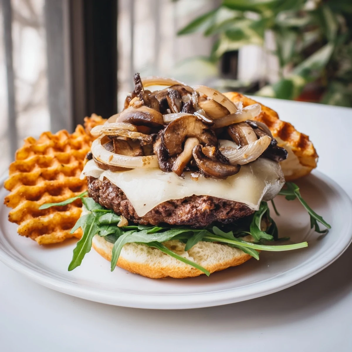 Juicy Mushroom Swiss Burger with melted cheese, served alongside crispy, golden waffle fries.