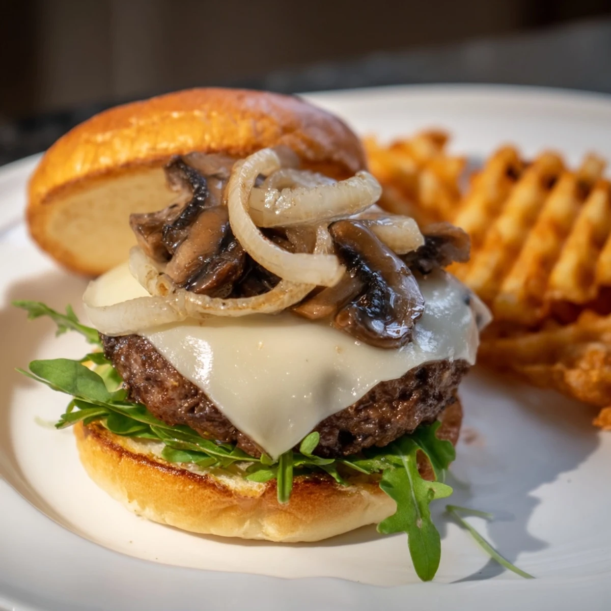 A close-up of a delicious Mushroom Swiss Burger, showcasing toppings and waffle fries on the plate.