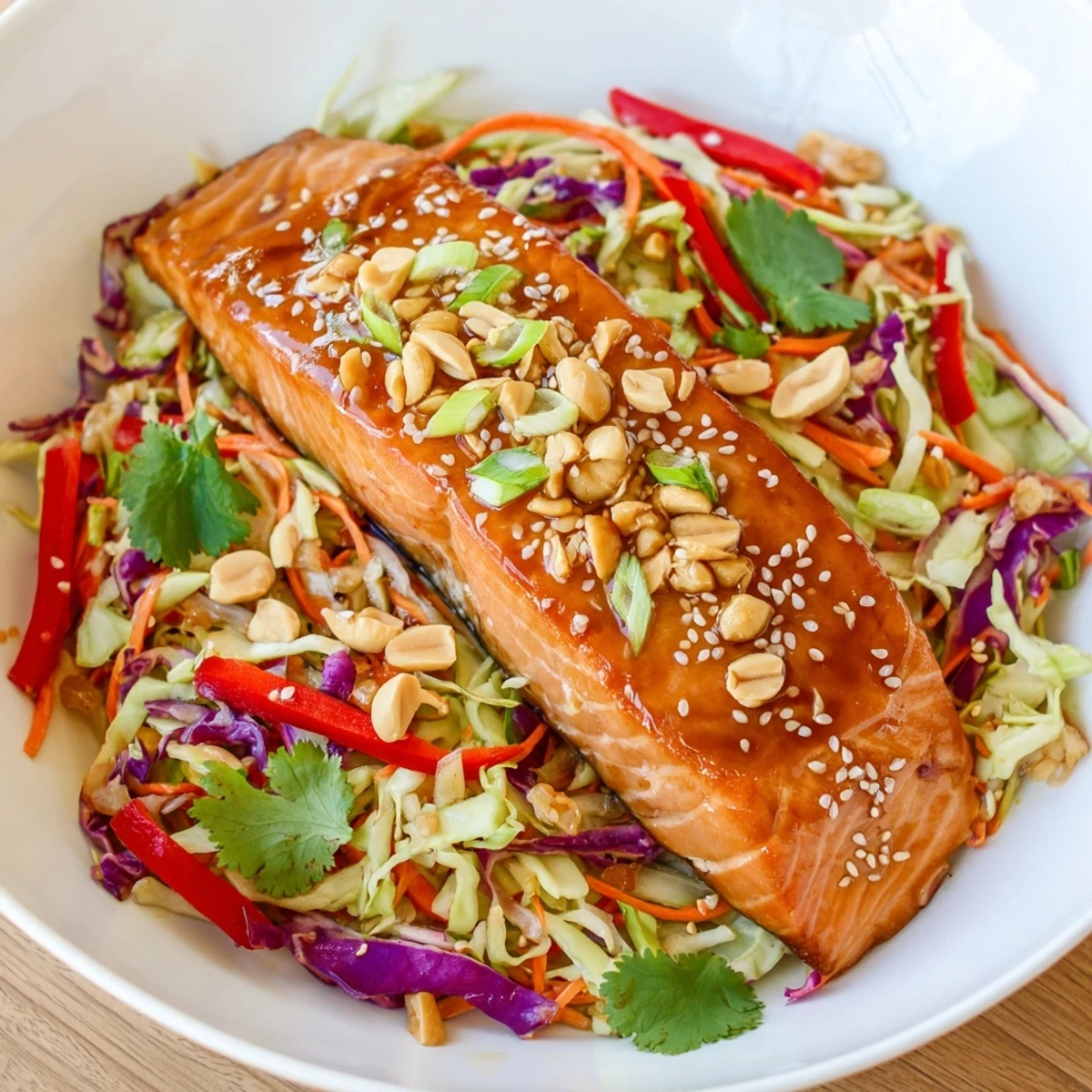 Golden, glazed teriyaki salmon sits above a colorful, crunchy Asian slaw bowl.