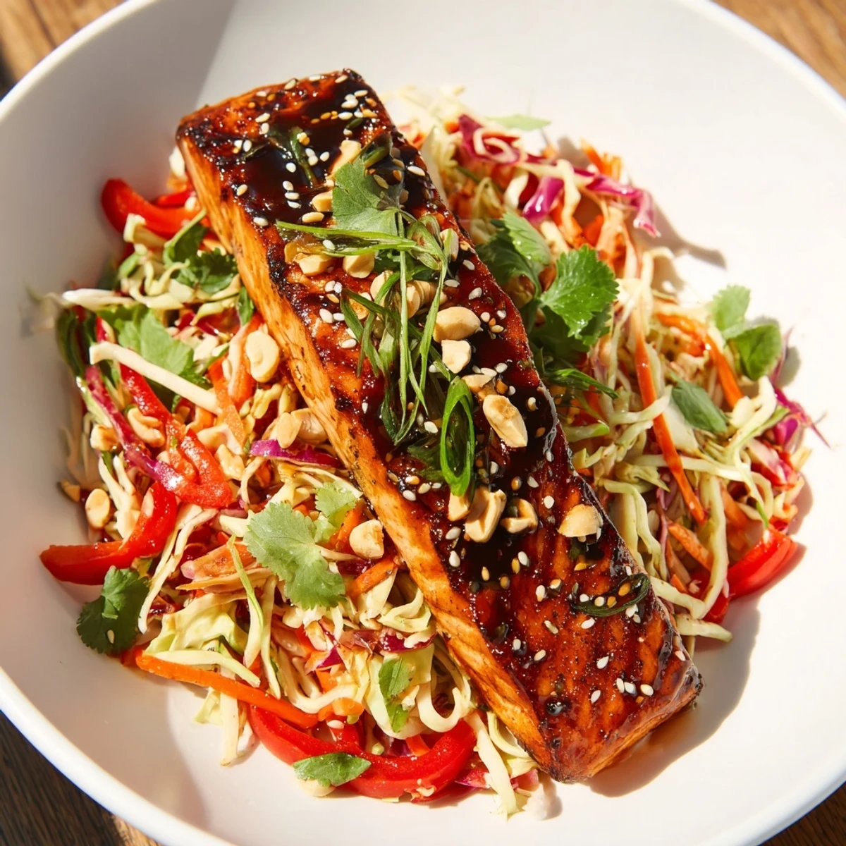This teriyaki salmon bowl features glistening salmon fillets over vibrant slaw with savory dressing.