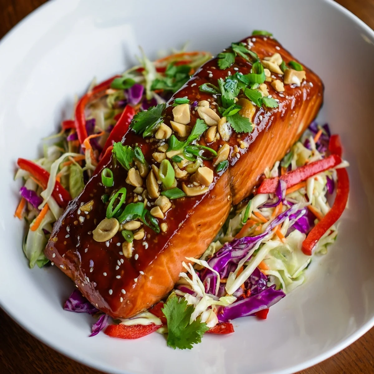 Imagine tender teriyaki salmon beside a fresh Asian slaw, perfect for a balanced meal.