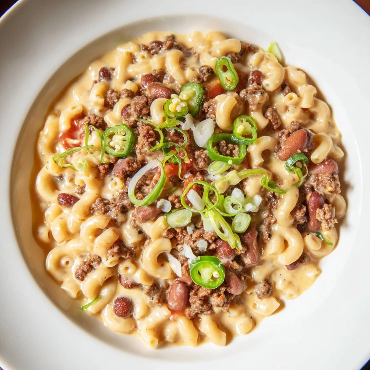 A bubbling dish of Chili Cheese Dog Mac & Cheese with melted cheese topping a hearty meal.