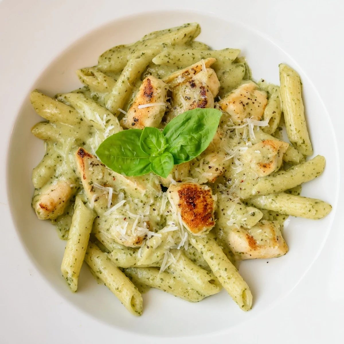 A close-up shot of Creamy Pesto Penne & Chicken, ready to be enjoyed, garnished with fresh basil leaves.