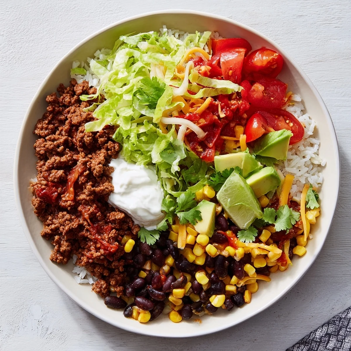 A close-up shot of a savory Loaded Beef Burrito Bowl, filled to the brim with textures and flavors.