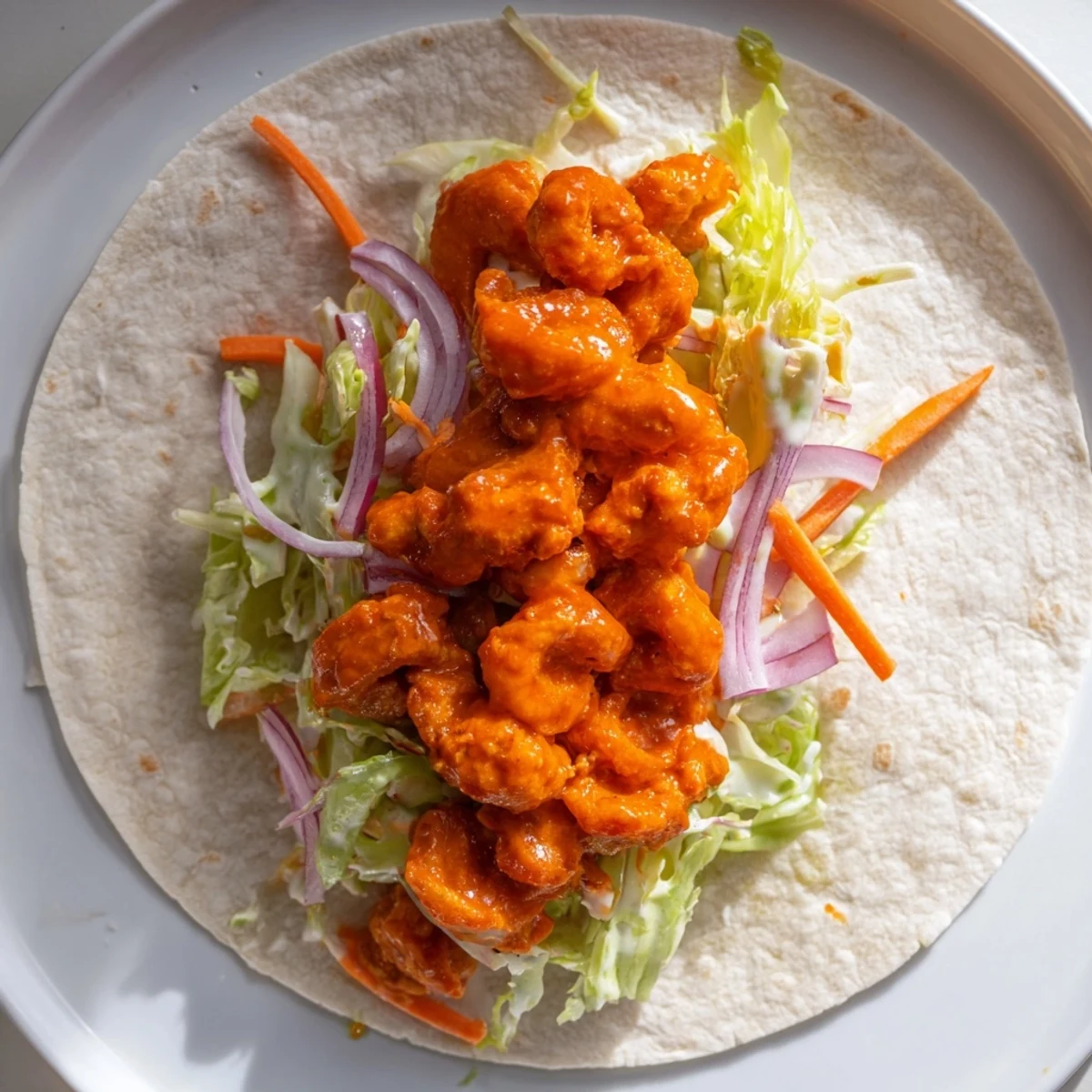 Spicy Buffalo Shrimp Wraps filled with vibrant veggies and zesty buffalo shrimp, a quick meal.