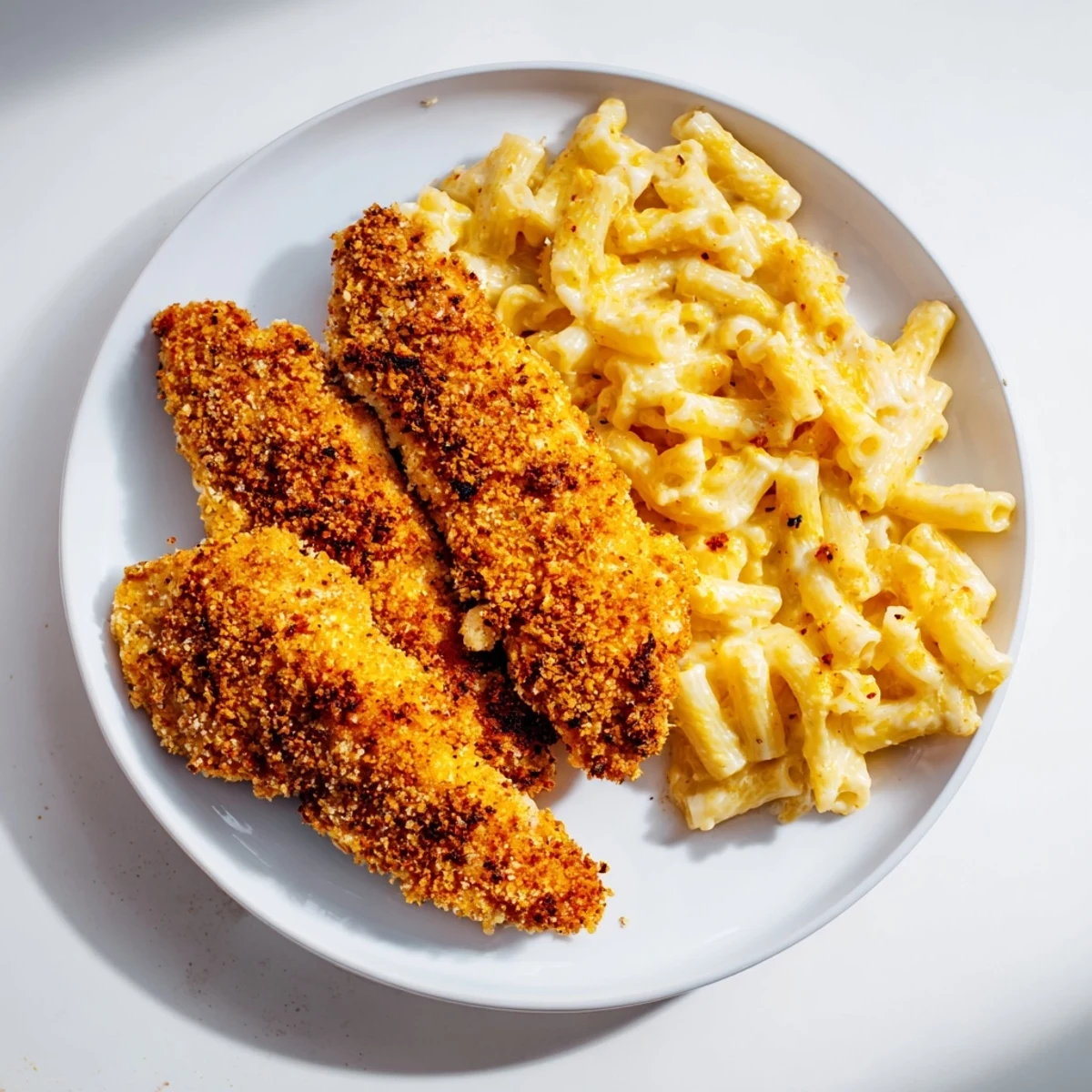 Golden, crispy chicken tenders and creamy macaroni and cheese, a comforting American classic supper.