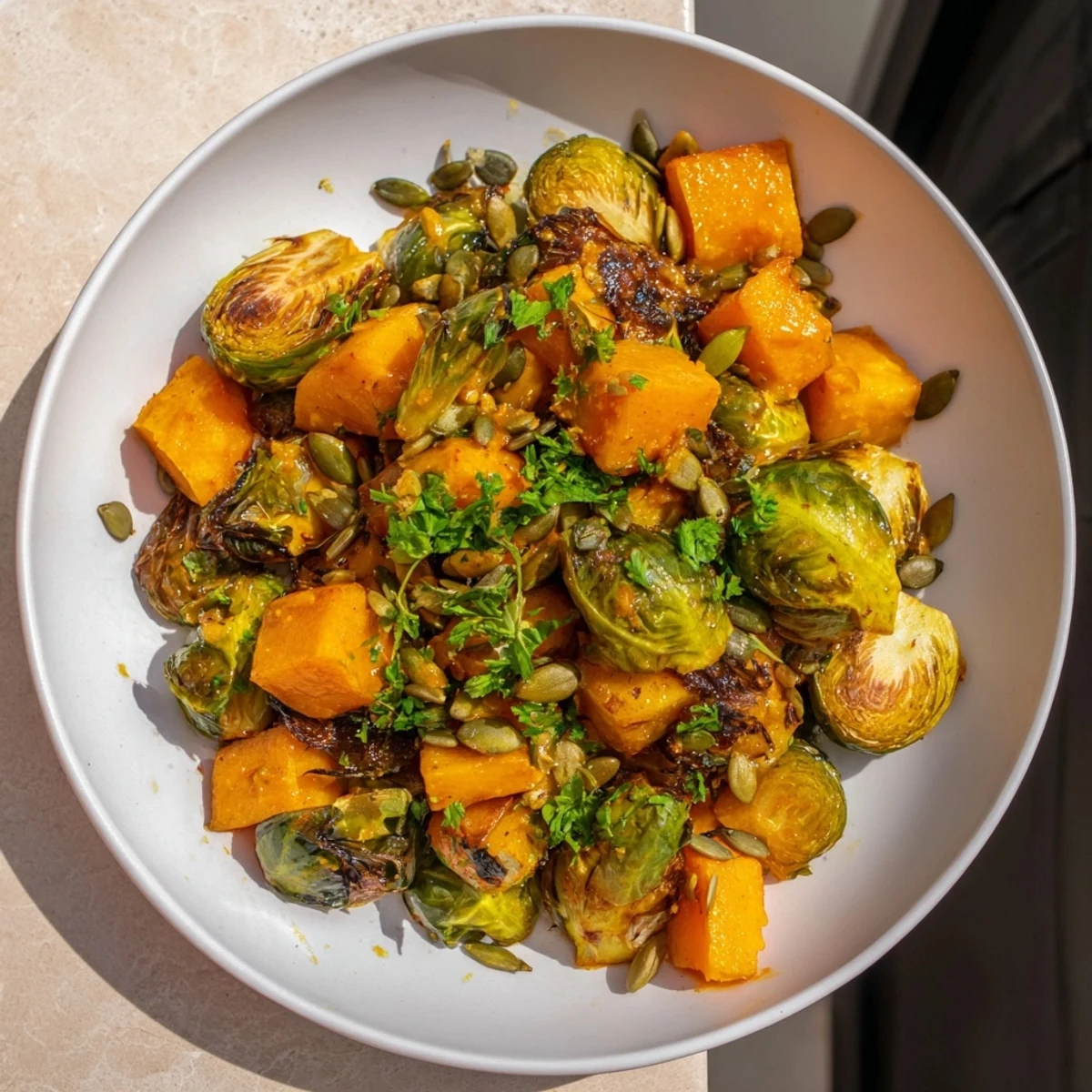 Golden, roasted Brussels sprouts and butternut squash with vibrant orange dressing, a colorful side.