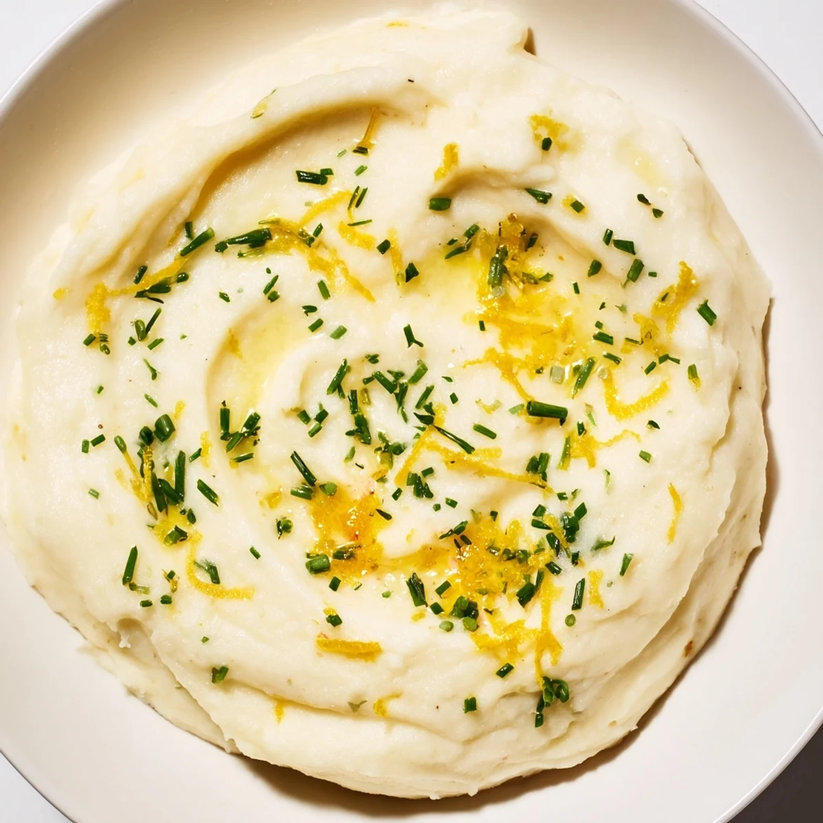 Creamy cauliflower mash with garlic and lemon, garnished with fresh herbs, ready to serve.