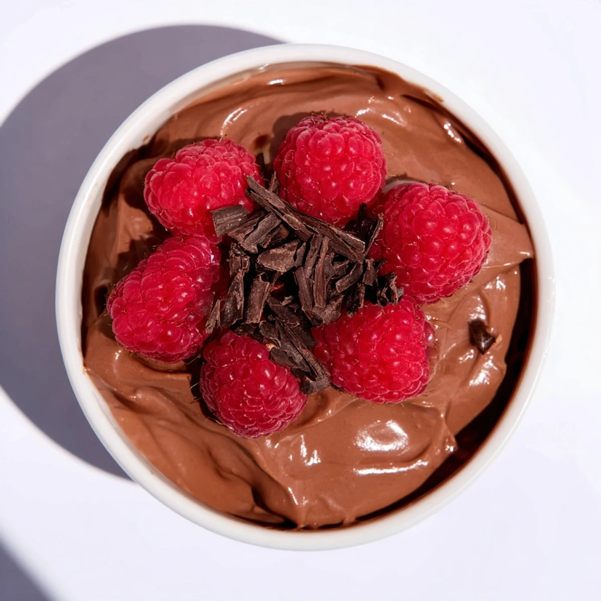 Silky smooth avocado chocolate mousse, garnished with vibrant red raspberries, ready to serve.