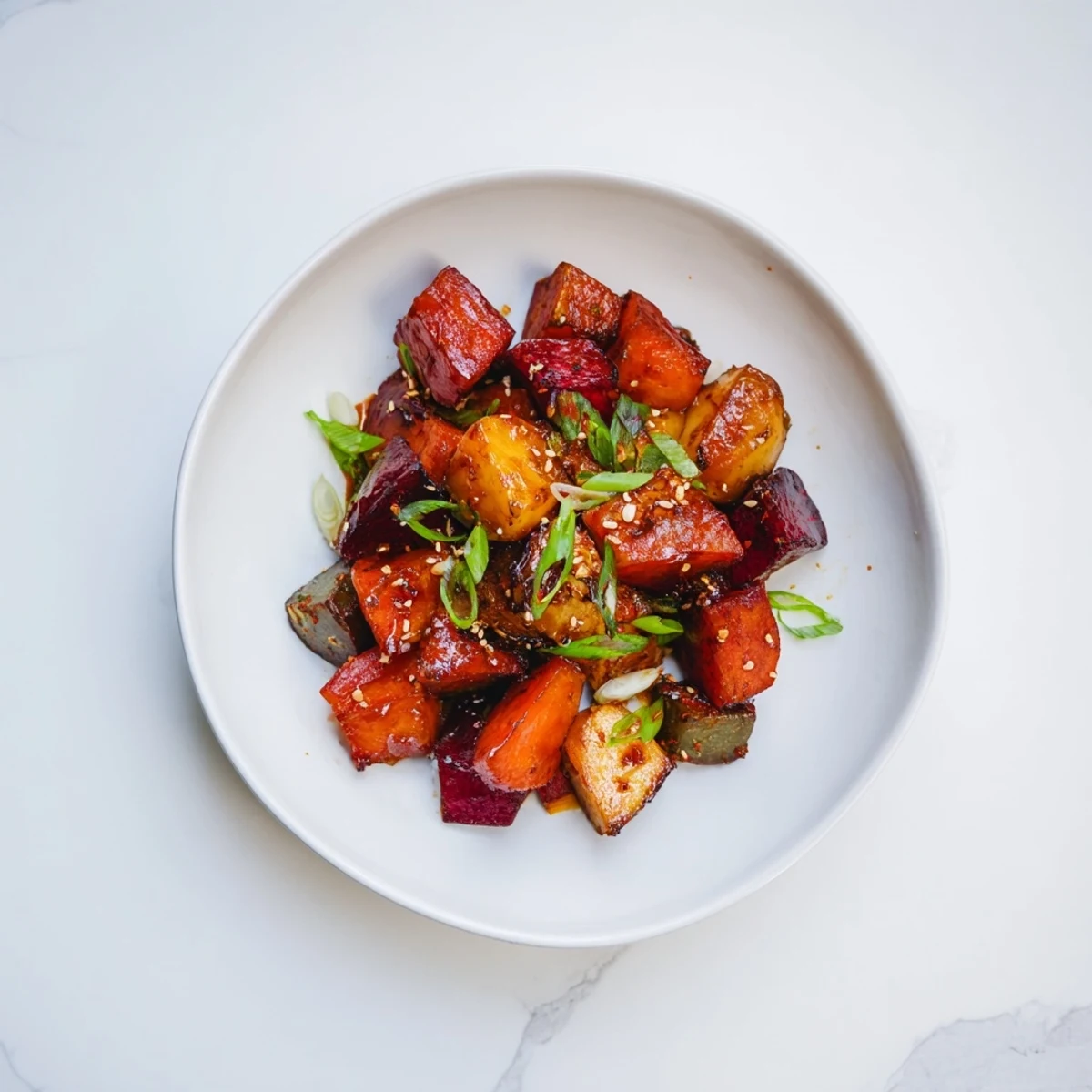 Savory and sweet Miso Roasted Winter Vegetables in a glistening miso glaze, perfect for a cozy vegetarian meal.