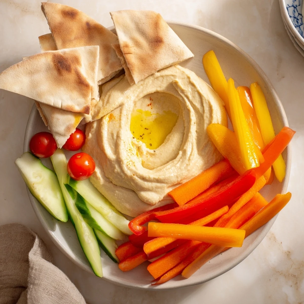 A vibrant photo of homemade hummus, fluffy pita, and colorful veggie sticks—healthy snack.