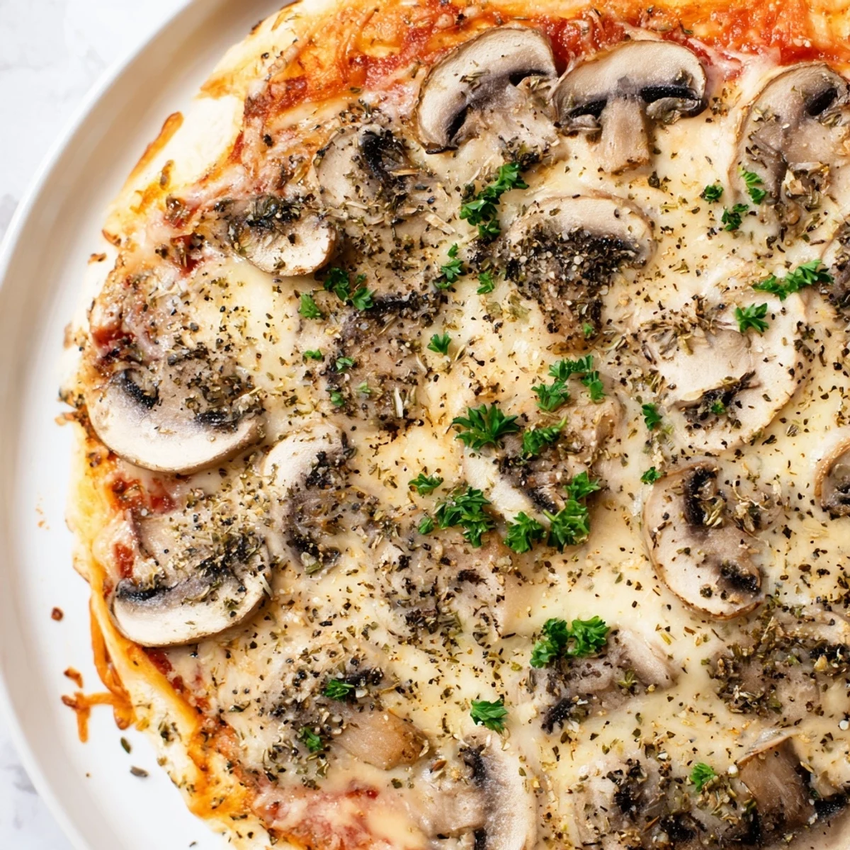 Golden, bubbly cheese covers a delicious frozen pizza upgrade with mushrooms and herbs, ready to serve.