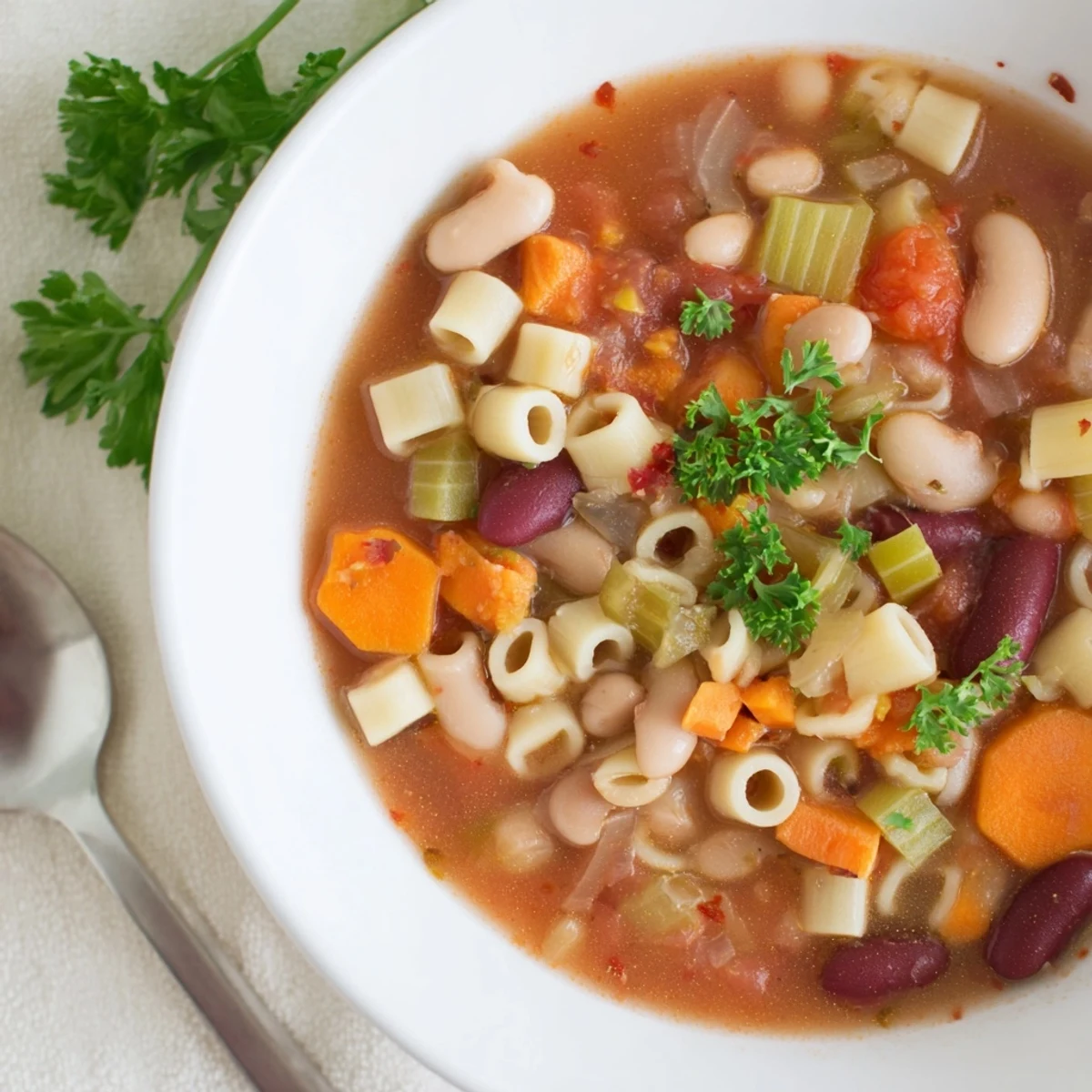 Hearty Pasta e Fagioli Soup with tender pasta, flavorful broth, and creamy beans, ready to enjoy.