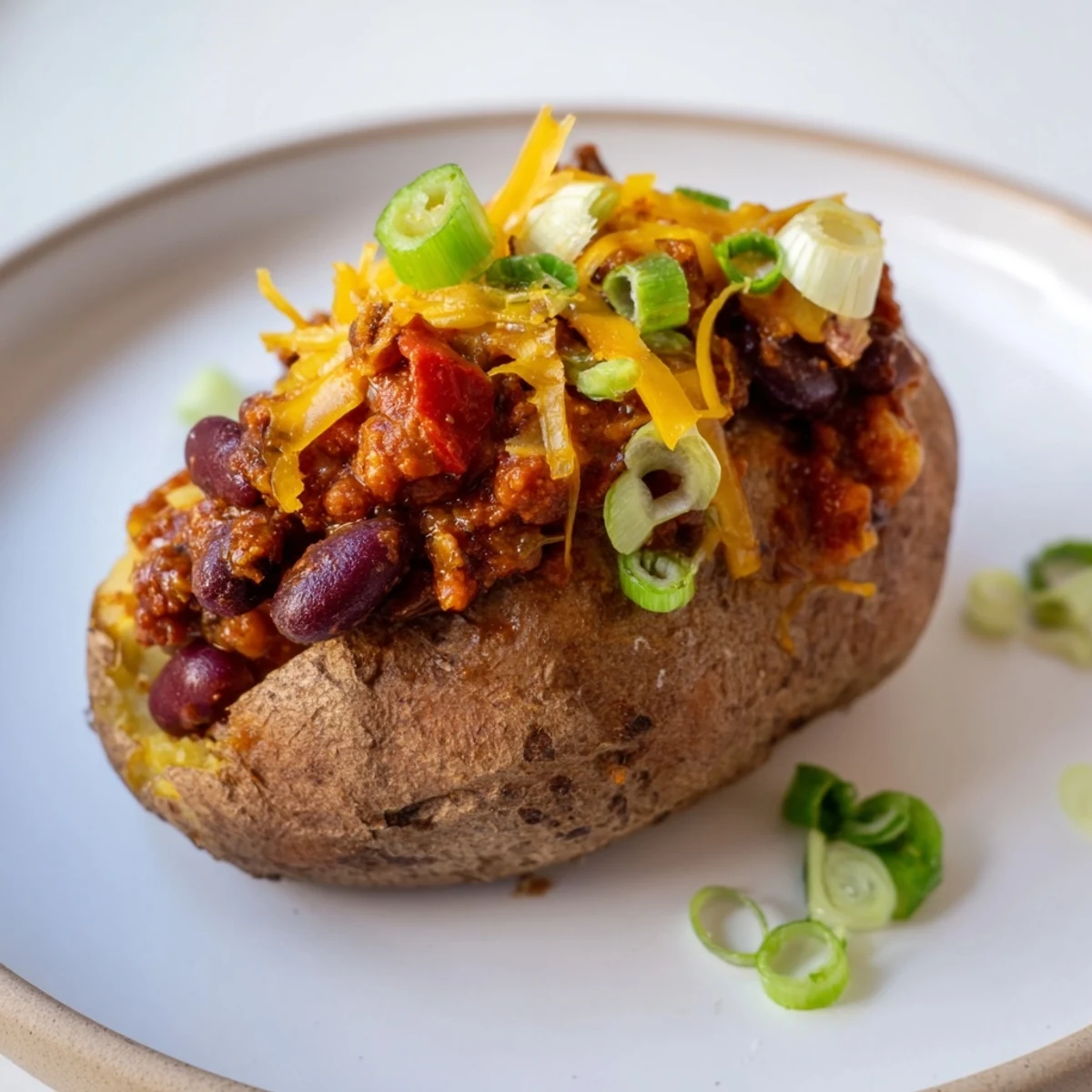 A close-up shot of rich and hearty chili-style baked potatoes, piled high with beans and spices.