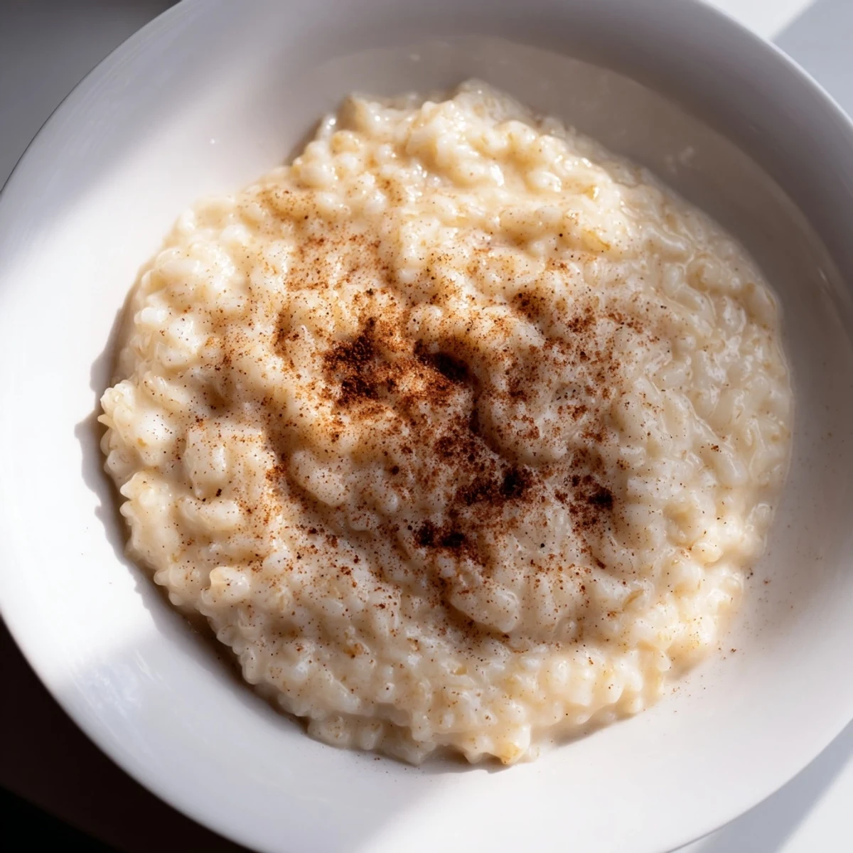 A warm serving of rice pudding with leftover rice, creamy and rich, sprinkled with cinnamon spice.