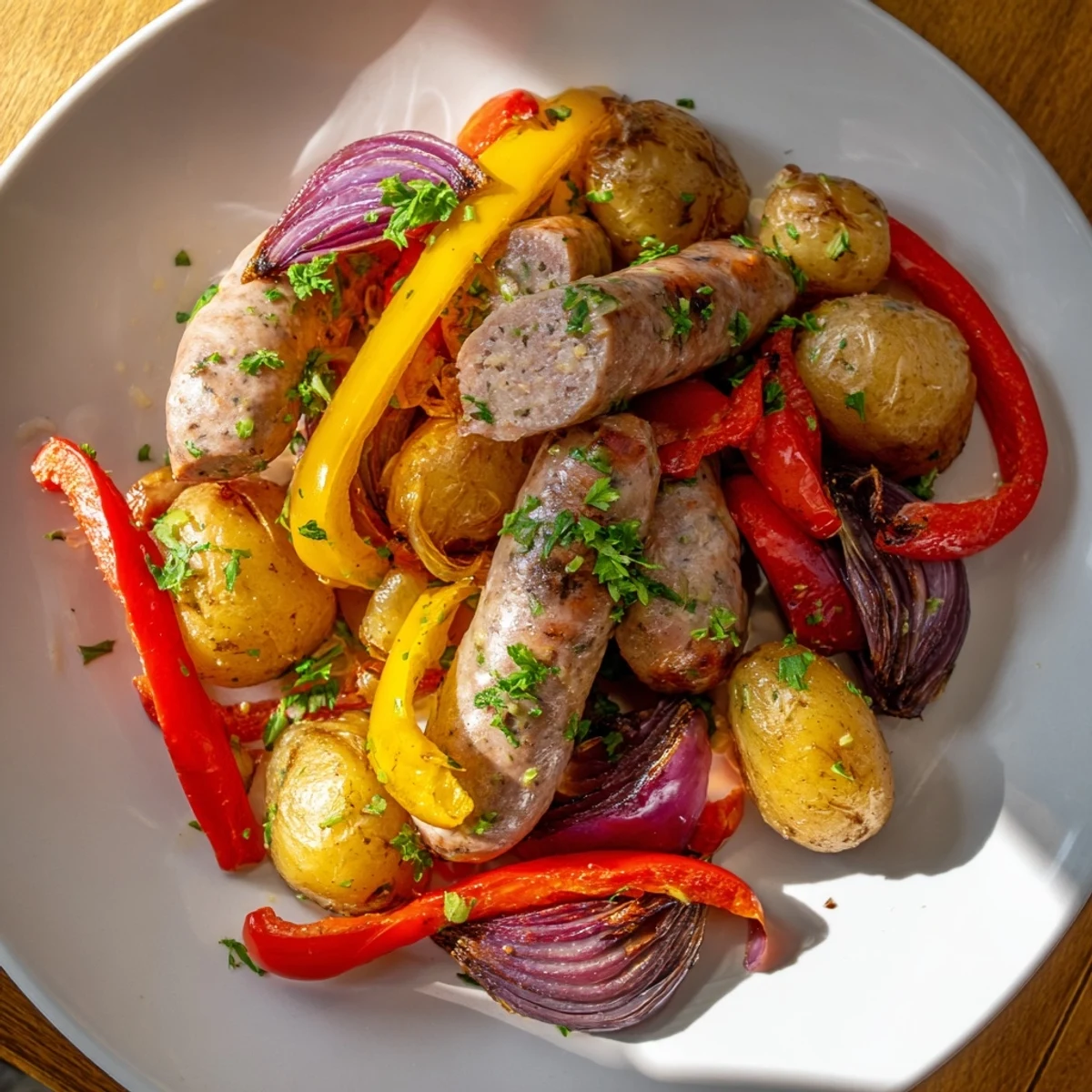 Sheet-Pan Sausage with Peppers and Onions shows colorful, roasted vegetables with sizzling browned sausages.