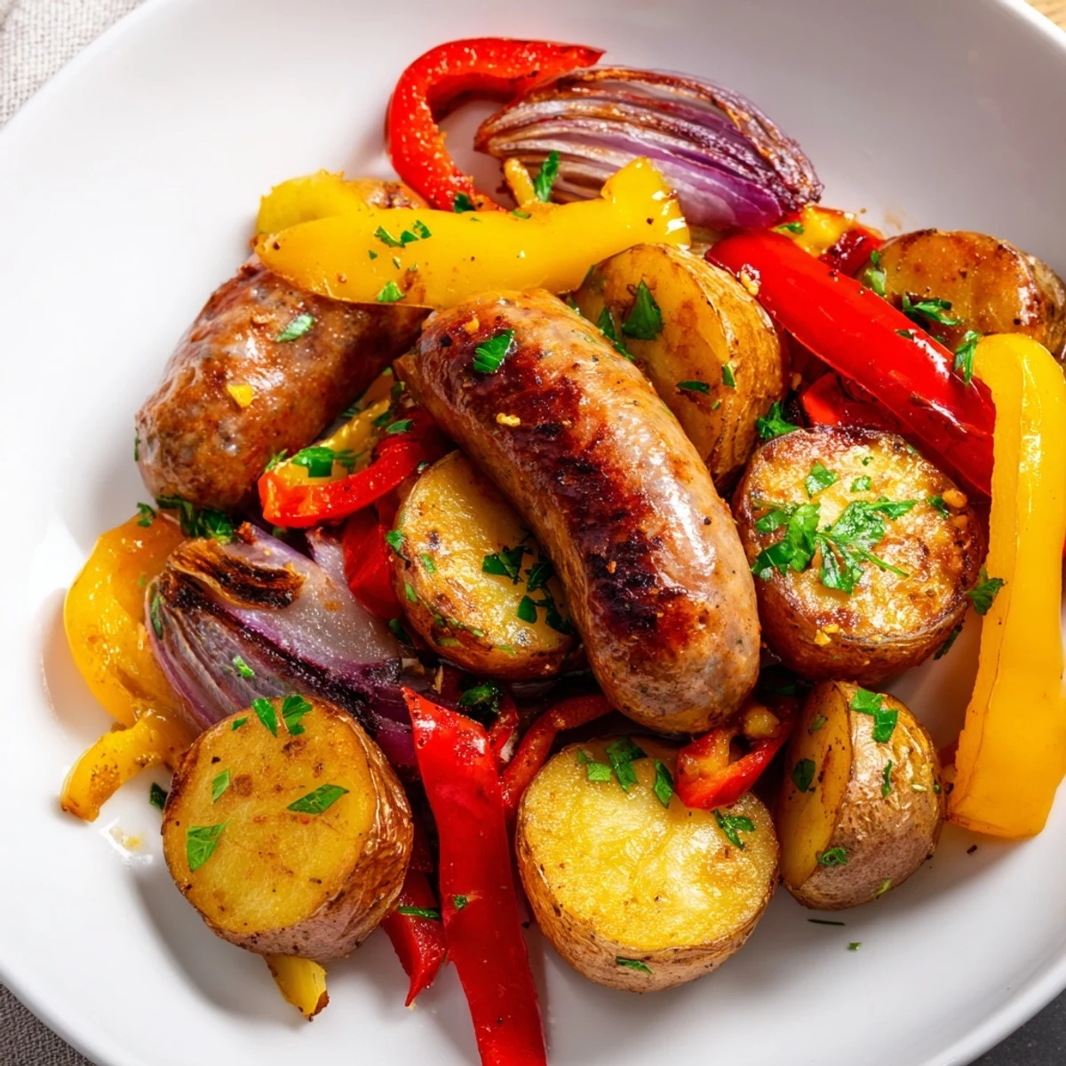 Aromatic Sheet-Pan Sausage with Peppers showcases sizzling sausages nestled amongst tender, roasted vegetables for serving.