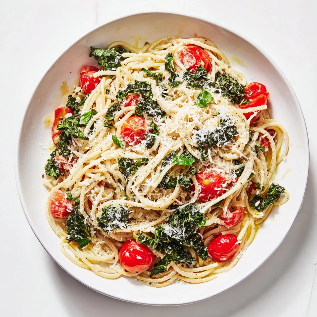 Steaming one-pot spaghetti with kale and tomatoes, perfectly cooked and topped with fresh basil.
