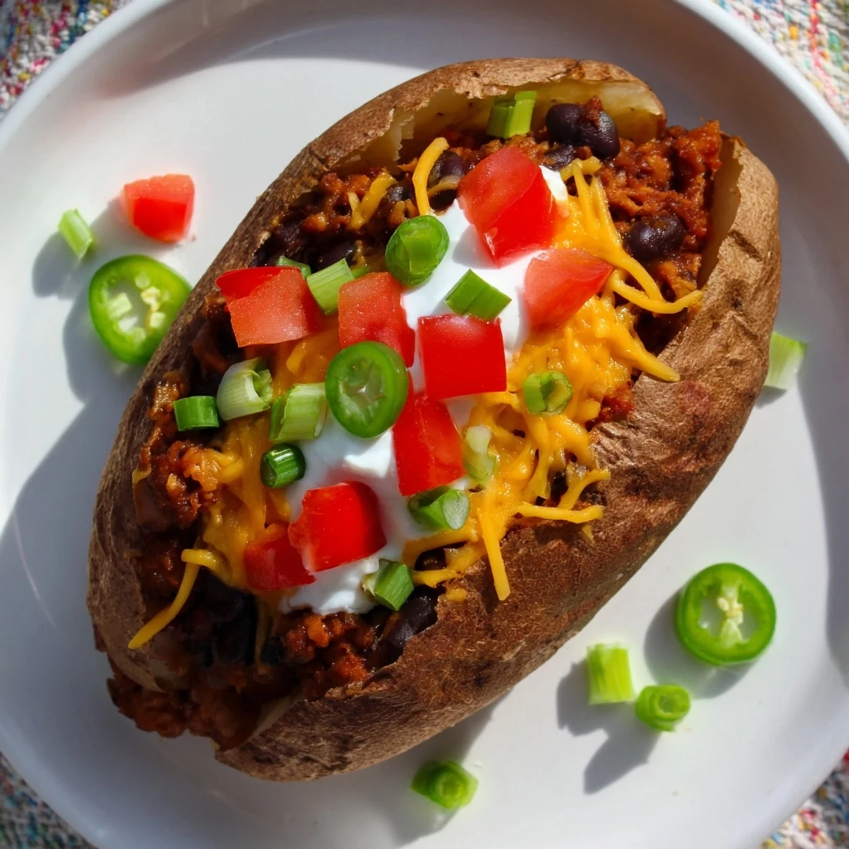 Steaming Loaded Baked Potato overflowing with chili, cheese, and fresh green onions, ready to eat.