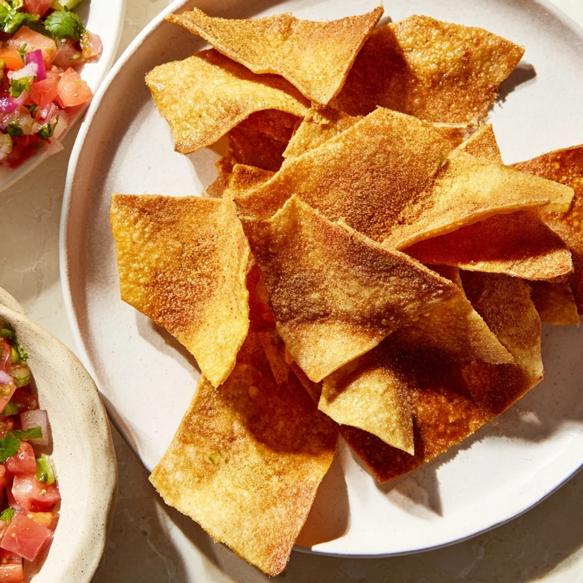 Golden air-fryer tortilla chips sit next to a vibrant bowl of homemade, fresh salsa.