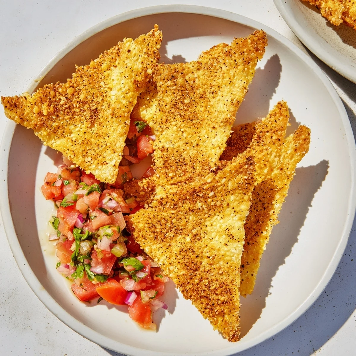 A close-up shot of perfectly cooked air-fryer tortilla chips, paired with tasty homemade salsa.