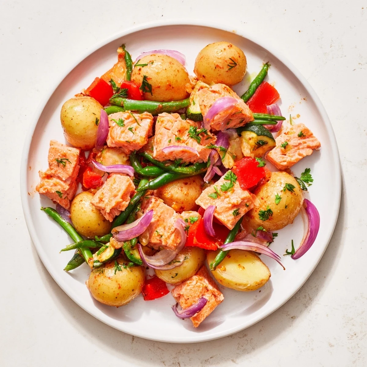 A delicious one-pan Salmon & Potato Skillet with tender salmon and colorful, seasoned vegetables on display.
