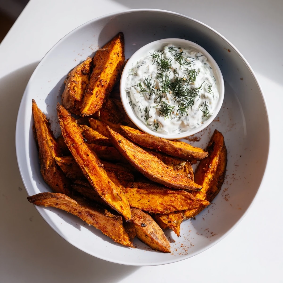 Golden, crispy Roasted Sweet Potato Wedges ready to be dipped, served alongside a cool, creamy yogurt dip.