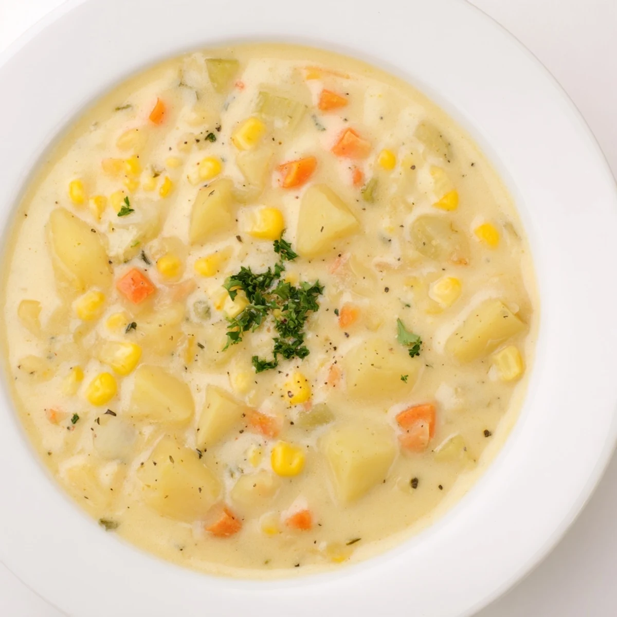Creamy Corn & Potato Chowder: A warm bowl of chowder, filled with sweet corn and potatoes.