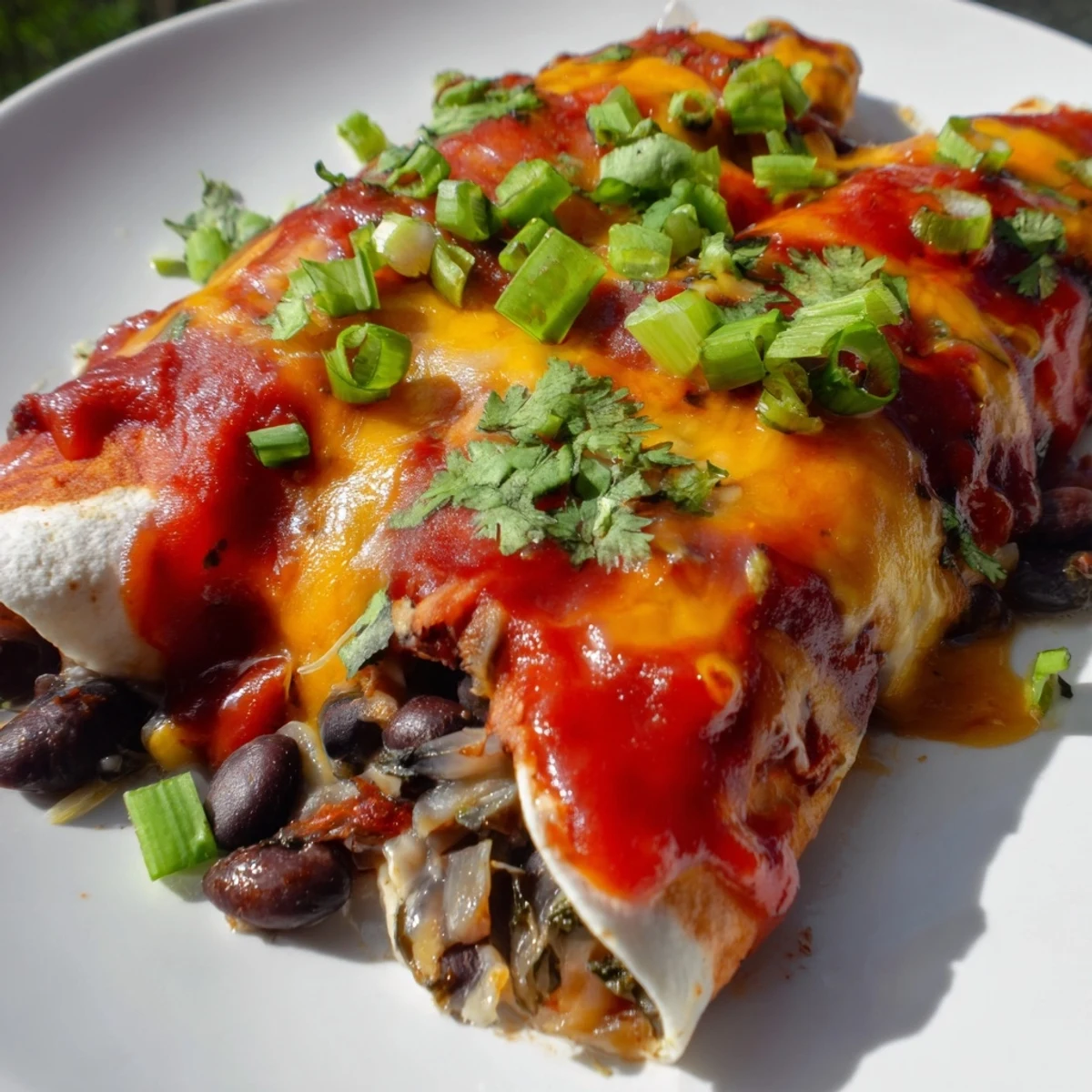 Steaming Cheesy Bean Enchiladas fresh out of the oven, with bubbly cheese topping.