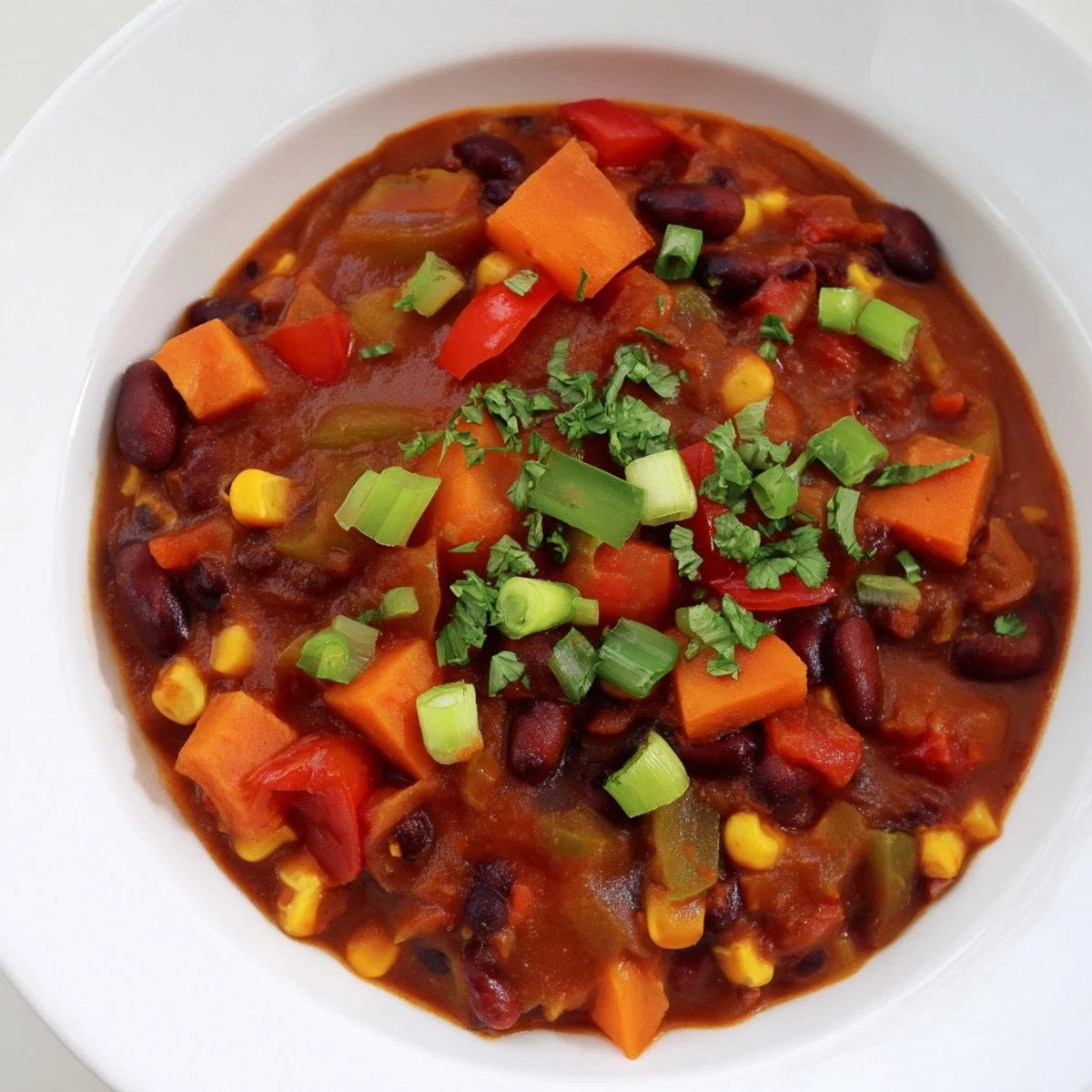 Steaming hot veggie chili, a vibrant mix of beans and vegetables, ready to serve with toppings.