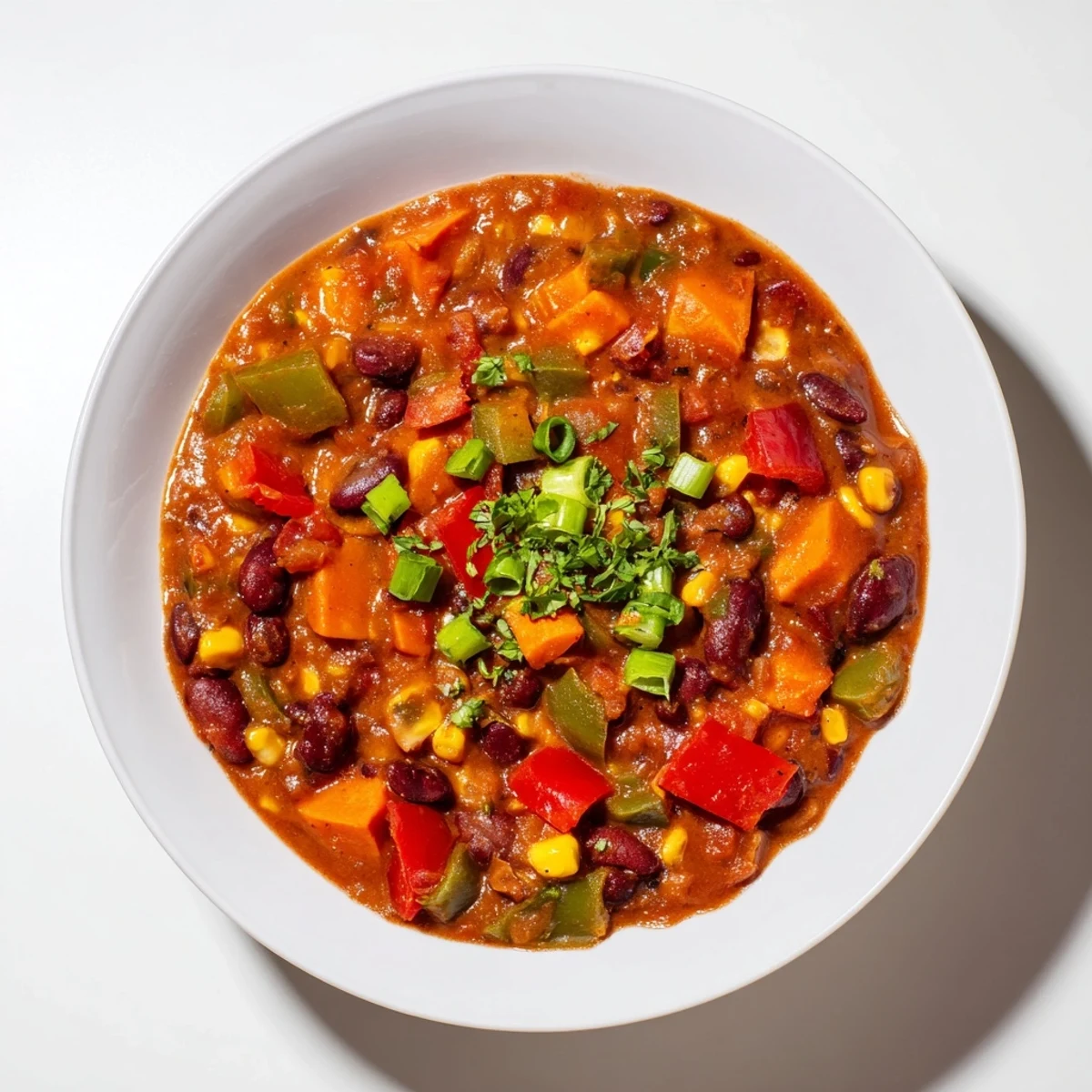 Homemade veggie chili, a hearty vegan meal spiced with cumin and chili powder, ready to enjoy.