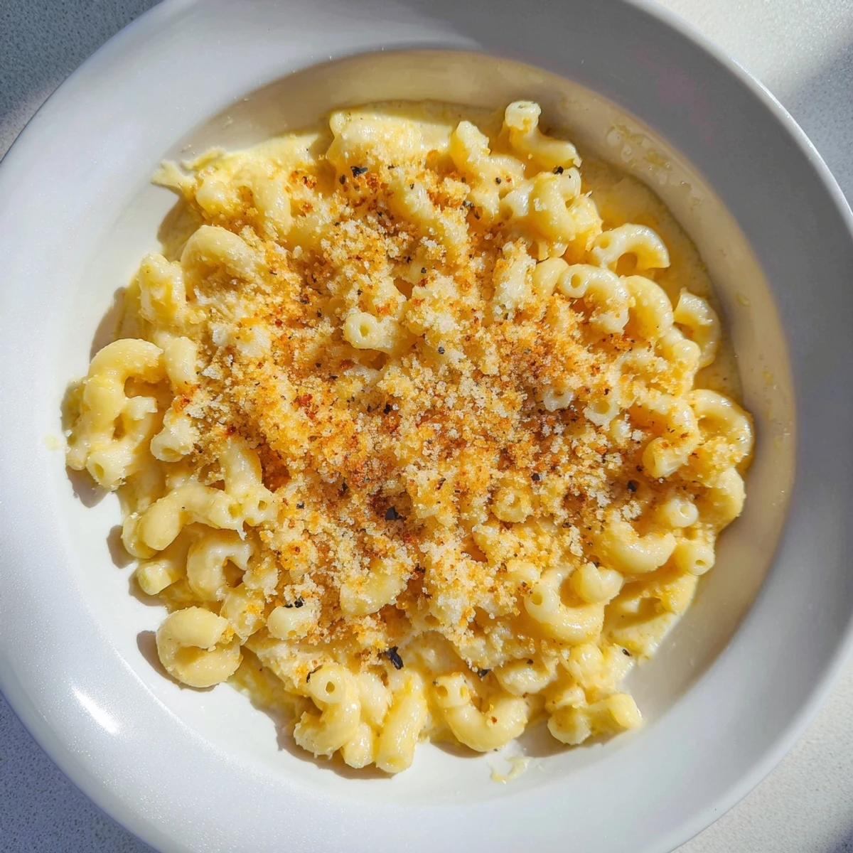 Golden, bubbly baked macaroni and cheese fresh from the oven, offering cheesy comfort.