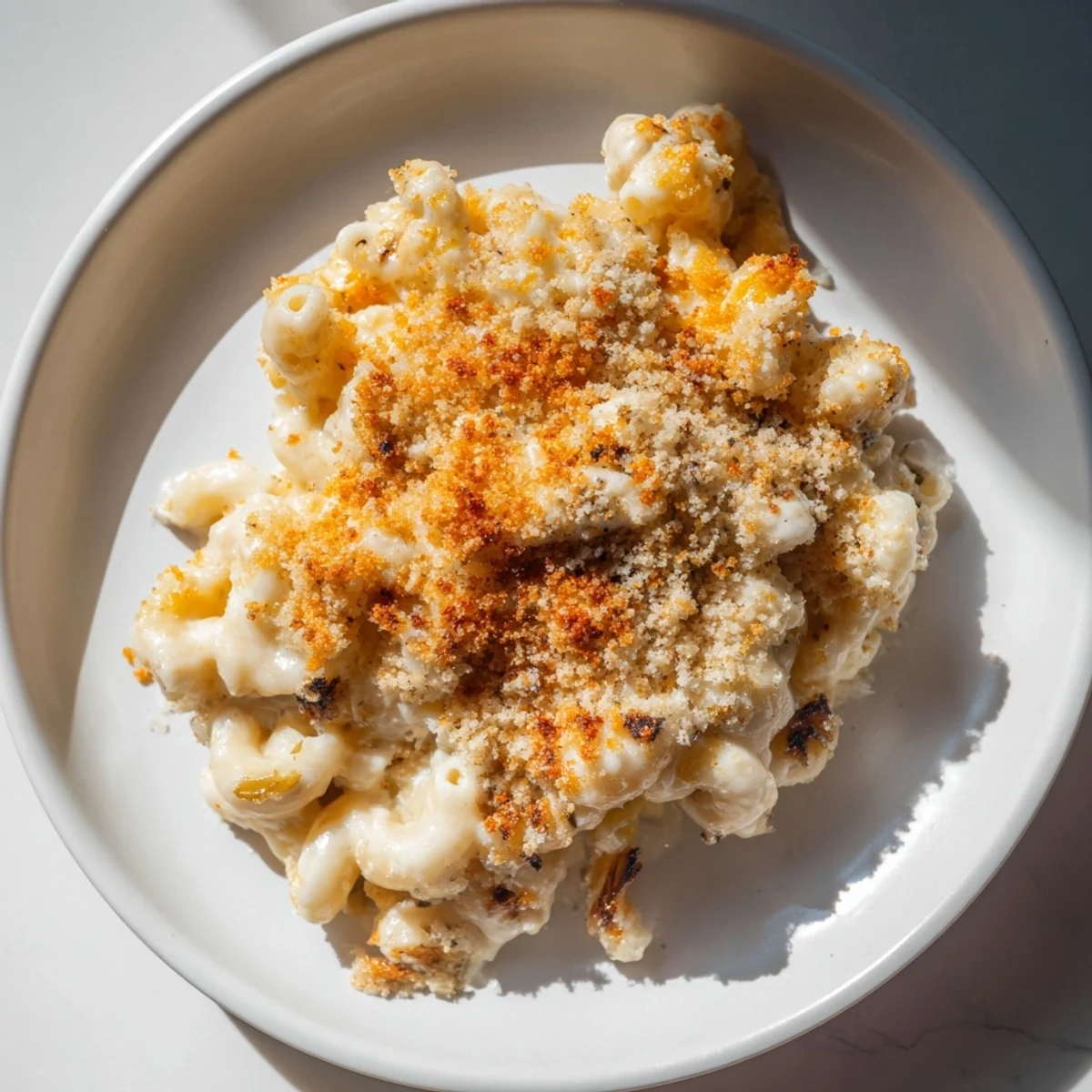 Warm, inviting serving of baked macaroni and cheese: tender pasta in a rich, cheesy sauce.