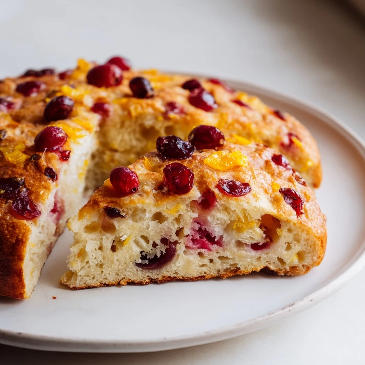 Golden-brown Cranberry Orange No-Knead Focaccia topped with bright cranberries and orange zest ready to serve.