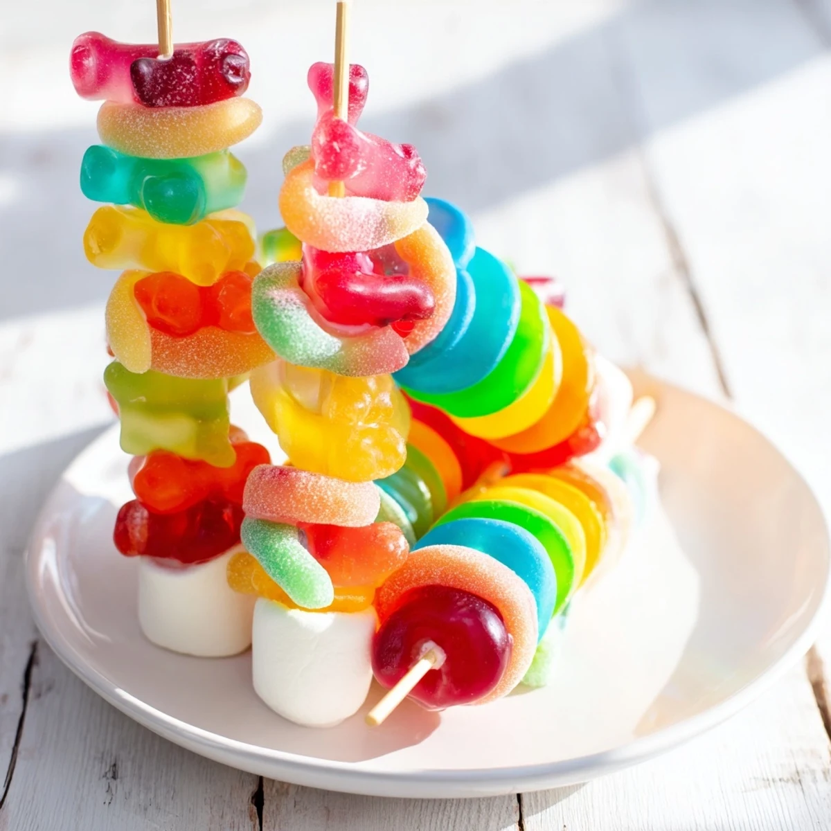 Close-up of colorful, tempting gummy candy kabobs, ready to be enjoyed as a playful snack.