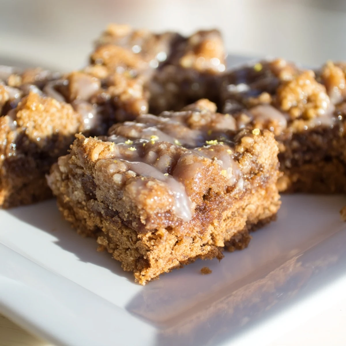 Golden-brown Lemon-Glazed Gingerbread Crumble Bars, drizzled with sweet lemon glaze, ready to serve.