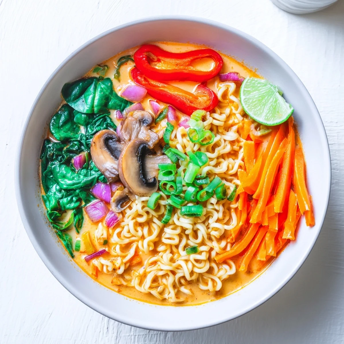 Steaming bowl of Curry Coconut Ramen, ready to eat, garnished with cilantro and green onions.